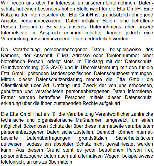 Datenschutzerklärung der Etta GmbH, DS-GVO - Datenschutz-Grundverordnung
