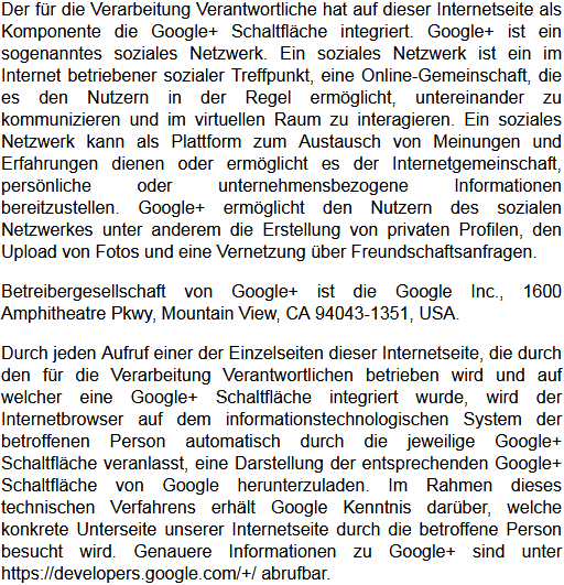 Datenschutzbestimmungen zu Einsatz und Verwendung von Google+ 1