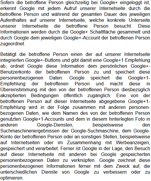 Datenschutzbestimmungen zu Einsatz und Verwendung von Google+ 2